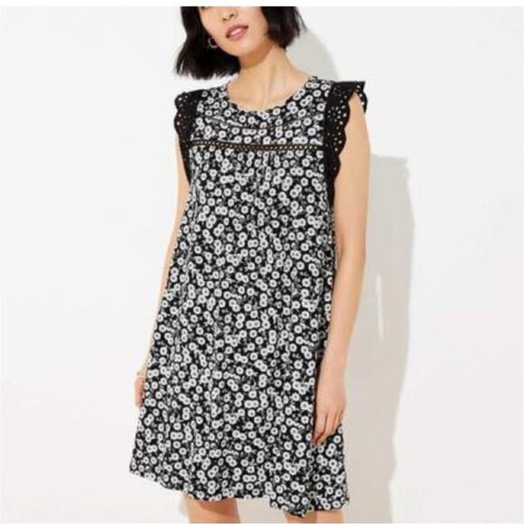 LOFT Black Floral Swing Dress Womens Small/Medium Boho Knit Casual Feminine - Picture 1 of 9
